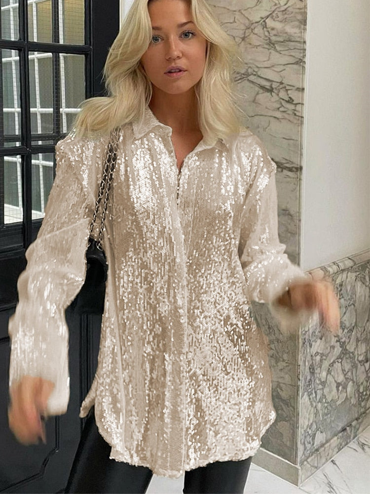 Glitter Blouses Long Sleeve Top Sequin Shirts Women Y2K Solid Shirt Autumn Winter 2022 Chic Streetwear Green V Neck Blouse