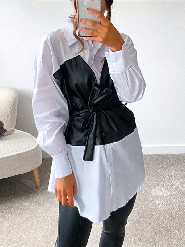 Nadafair Plaid Women's Dress Casual 2021 A-Line PU Leather Patchwork Long Sleeve Vestidos Party Elegant Short Mini Dress Women