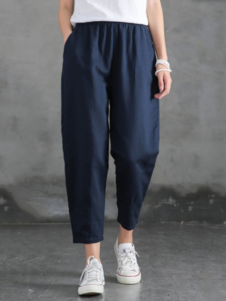 Cotton Linen Pants Women Spring Summer Large Size Solid Color Harem Pants Elastic Waist Loose Casual Woman&#39;s Linen Trousers