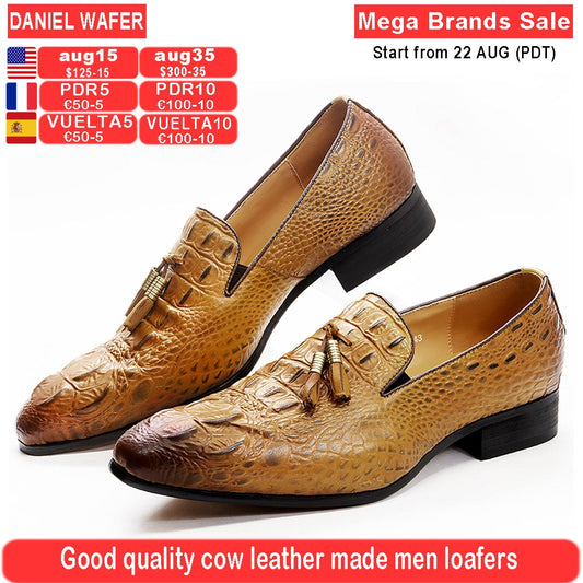 Luxury Men's Leather Dress Shoes Crocodile Prints Casual Men Shoes Black Brown Slip on Tassels Loafers Office Wedding Shoe Male