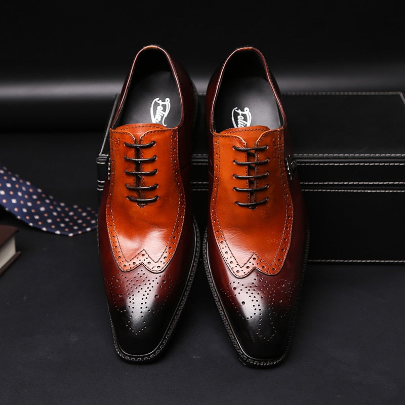 Luxury Classic Mens Brogue Oxford Dress Shoes Genuine Cow Leather Brown Pointed Toe Lace-Up Wedding Party Formal Shoe for Men