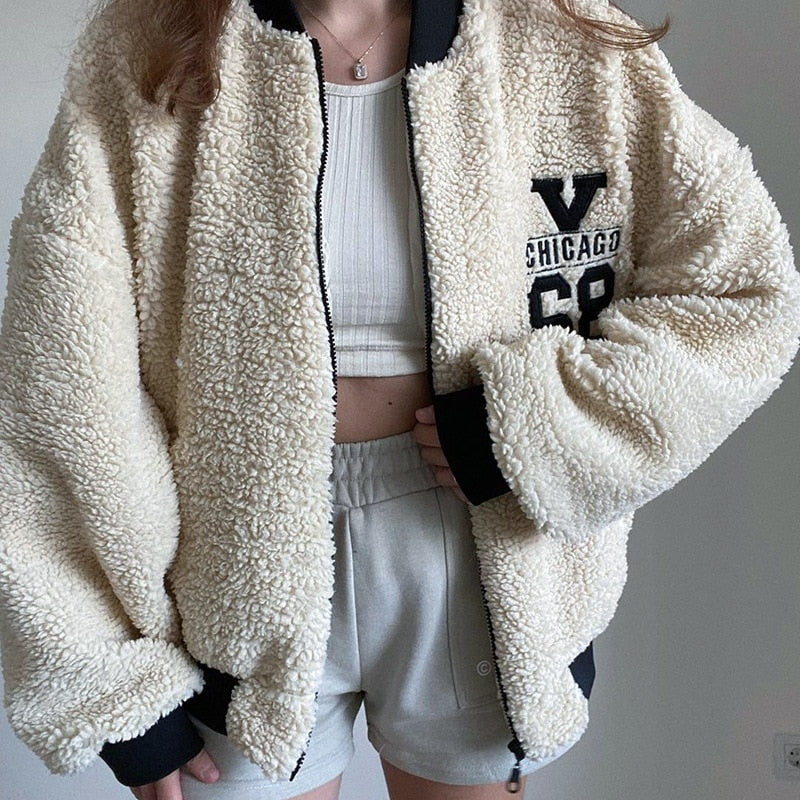 Y2k Green Print Fashion Baseball Bomber Coat 2022 Autumn Winter Oversized Patchwork Jacket Varsity Women Casual White