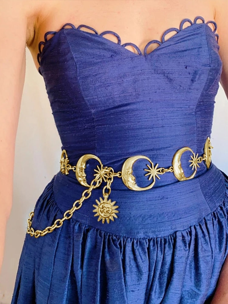 InsGoth Harajuku Punk Moon Metal Belts Women Vintage High Waist Chain Gothic Sun Sliver Pendant Belts Aesthetic Female Partywear