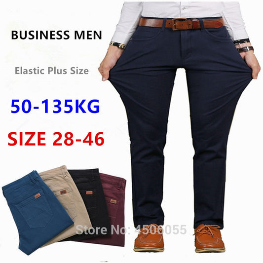 Pants Men Business Straight Cotton Trousers Stretch Man Elastic Slim Fit Casual Big Plus Size 42 44 46 Black Khaki Red Blue Pant