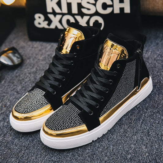 2020 Cool Men High Top Men Gold Glitter Sneakers Lace Up Crystal Platform Flats Gold Shoes Man Sequins  Bling Shoes AC-2