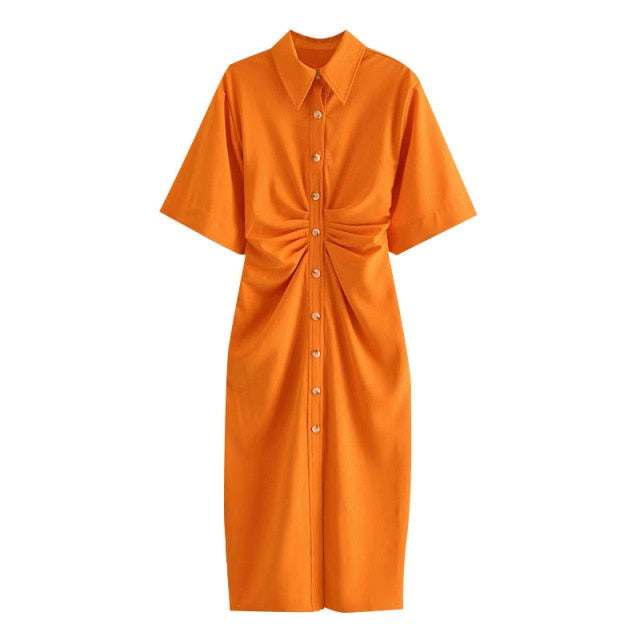 TRAF Women Chic Fashion Button-up Draped Midi Shirt Dress Vintage Short Sleeve Side Zipper Female Dresses Vestidos
