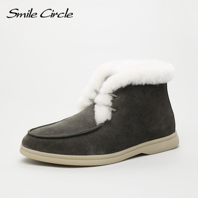 Smile Circle Women Snow Boots Natural fur Genuine Leather Ankle Boots Winter Comfortable Flat Wool Boots Women Shoes