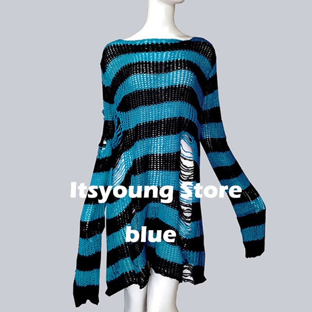 Plus Size Punk Gothic Long Unisex Sweater Dress Cool Hollow Out Hole Broken Jumper Loose Rock Thin Sweter 2020 Women Man Striped