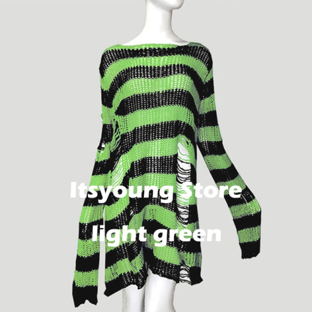 Plus Size Punk Gothic Long Unisex Sweater Dress Cool Hollow Out Hole Broken Jumper Loose Rock Thin Sweter 2020 Women Man Striped