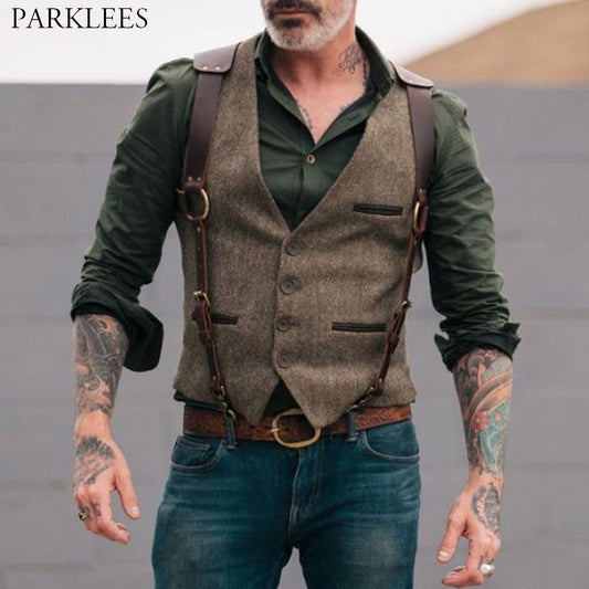 Wool Tweed Men Suit Vests Victorian Steampunk Cosplay Mens Waistcoat with Suede Gentleman Groomman Wedding Slim Fit Men Gilet