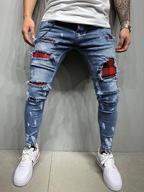 Men's Quilted Embroidered jeans Skinny Jeans Ripped Grid Stretch Denim Pants MAN Elastic Waist Patchwork Jogging Denim Trousers