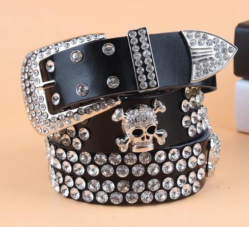 TOTRUST Wide Buckle Belt For Women Woman Vintage Rhinestone Skull Belts Second Layer Cow Skin Top Quality Strap Female For Jeans
