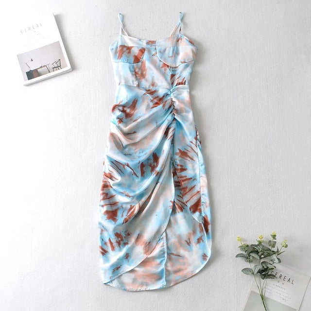 2020 Women Vintage Yellow Tie dye Flower print  Spaghetti Strap Dress Hem Slim Waist Slit Irregular Long Dresses Sling Vestido