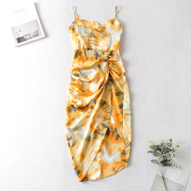 2020 Women Vintage Yellow Tie dye Flower print  Spaghetti Strap Dress Hem Slim Waist Slit Irregular Long Dresses Sling Vestido