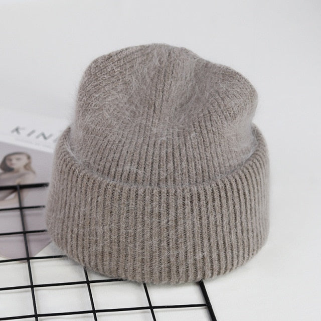 VISROVER 9 Colors Unisex Solid Color Real Rabbit Fur Beanies Winter Hat For Woman Knit Bonnet Acrylic Woman Autumn Warm Skullies