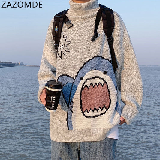 ZAZOMDE Men Turtlenecks Shark Sweater Men 2020 Winter Patchwor Harajuku Korean Style High Neck Oversized Grey Turtleneck For Men