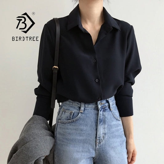 Summer New Arrival Women Solid Black Chiffon Blouse Long Sleeve Casual Shirt Women's Korean BF Style Chic Tops Feminina Blusa T0