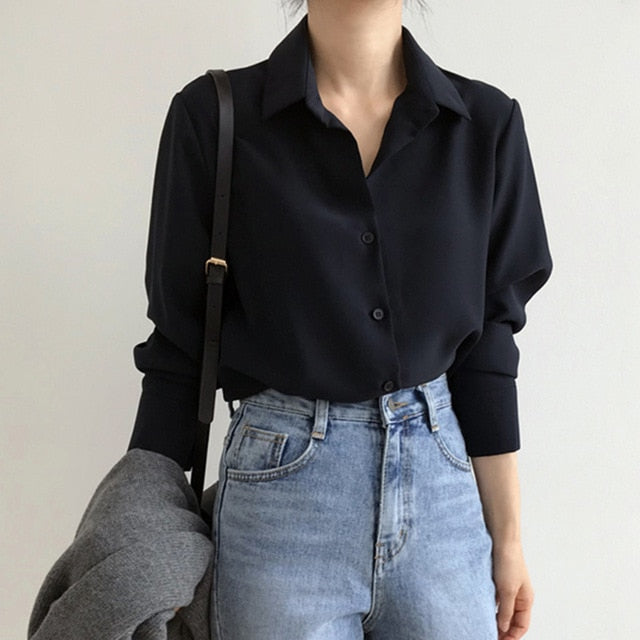 Summer New Arrival Women Solid Black Chiffon Blouse Long Sleeve Casual Shirt Women's Korean BF Style Chic Tops Feminina Blusa T0