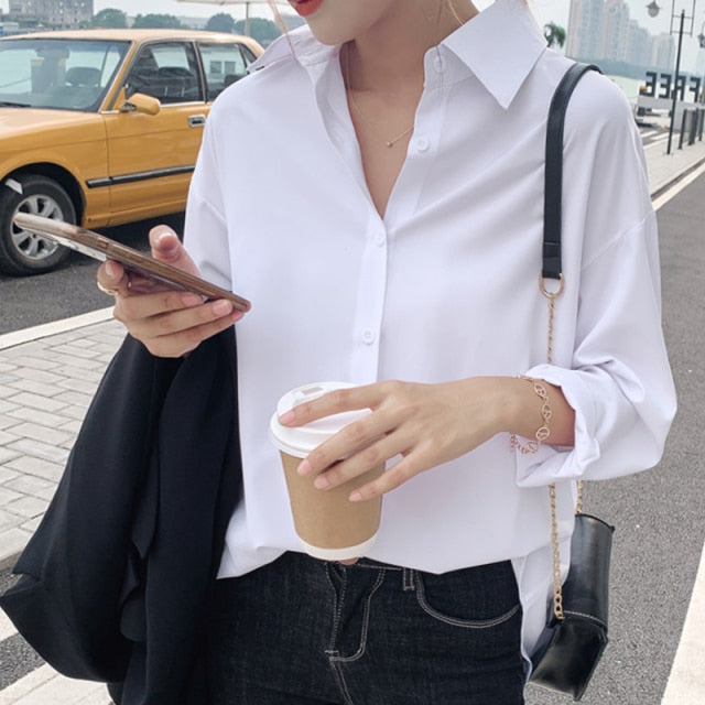 Summer New Arrival Women Solid Black Chiffon Blouse Long Sleeve Casual Shirt Women's Korean BF Style Chic Tops Feminina Blusa T0