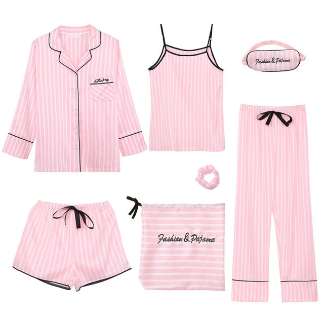 JULY'S SONG Pink 7 Pieces Women's Pajamas Sets Faux Silk Striped Pyjama Women's Pajamas Sleepwear Sets Spring Summer Homewear
