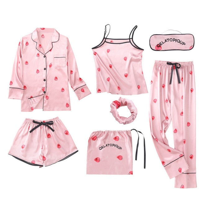 JULY'S SONG Pink 7 Pieces Women's Pajamas Sets Faux Silk Striped Pyjama Women's Pajamas Sleepwear Sets Spring Summer Homewear