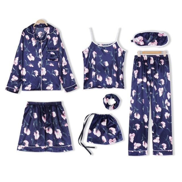 JULY'S SONG Pink 7 Pieces Women's Pajamas Sets Faux Silk Striped Pyjama Women's Pajamas Sleepwear Sets Spring Summer Homewear