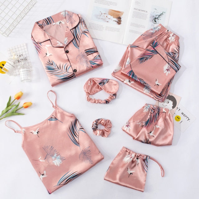 JULY'S SONG Pink 7 Pieces Women's Pajamas Sets Faux Silk Striped Pyjama Women's Pajamas Sleepwear Sets Spring Summer Homewear