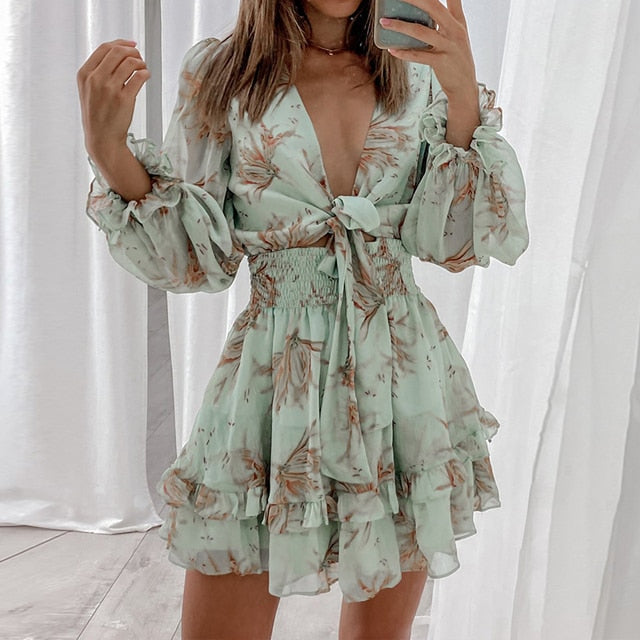 Women Spring V Neck Chiffon Print Dress Self-tie Knot Front Ruffles Leopard Dress Female Sexy Short A Line Party Vestidos 2021