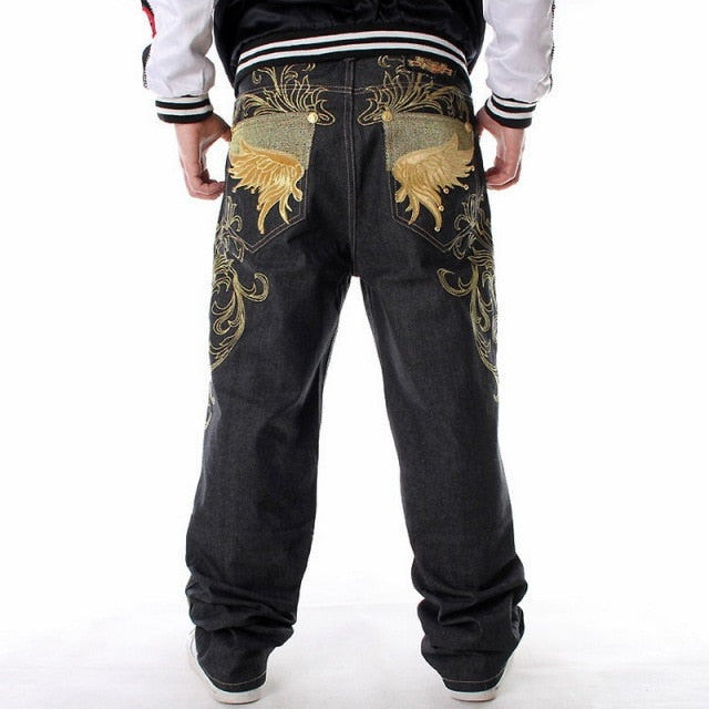 Men Street Dance Hiphop Jeans Fashion Embroidery Black Loose Board Denim Pants Overall Male Rap Hip Hop Jeans Plus Size 30-46