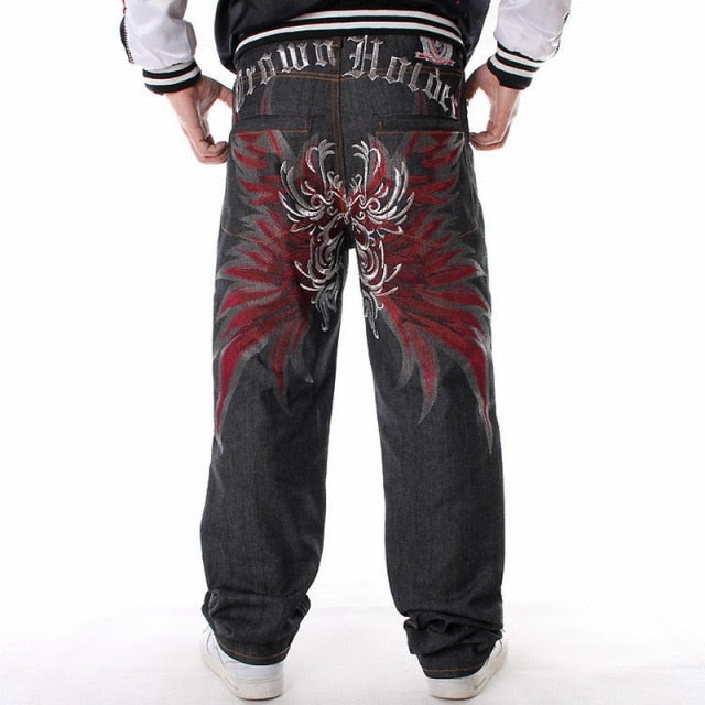 Men Street Dance Hiphop Jeans Fashion Embroidery Black Loose Board Denim Pants Overall Male Rap Hip Hop Jeans Plus Size 30-46