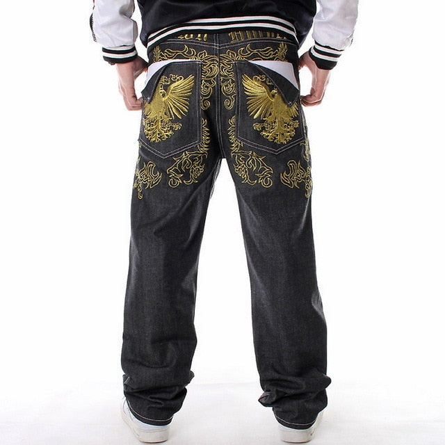 Men Street Dance Hiphop Jeans Fashion Embroidery Black Loose Board Denim Pants Overall Male Rap Hip Hop Jeans Plus Size 30-46