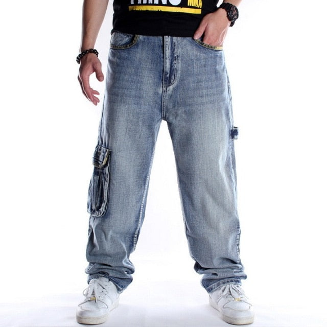 Men Street Dance Hiphop Jeans Fashion Embroidery Black Loose Board Denim Pants Overall Male Rap Hip Hop Jeans Plus Size 30-46