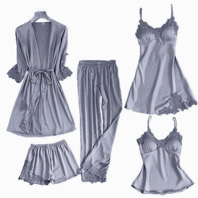 Satin Lace Pajamas Set Women 5PC Strap Top Pants Sleepwear Sleep Suit Spring Autumn Pyjamas Home Wear Nightwear Robe Gown M-XXL