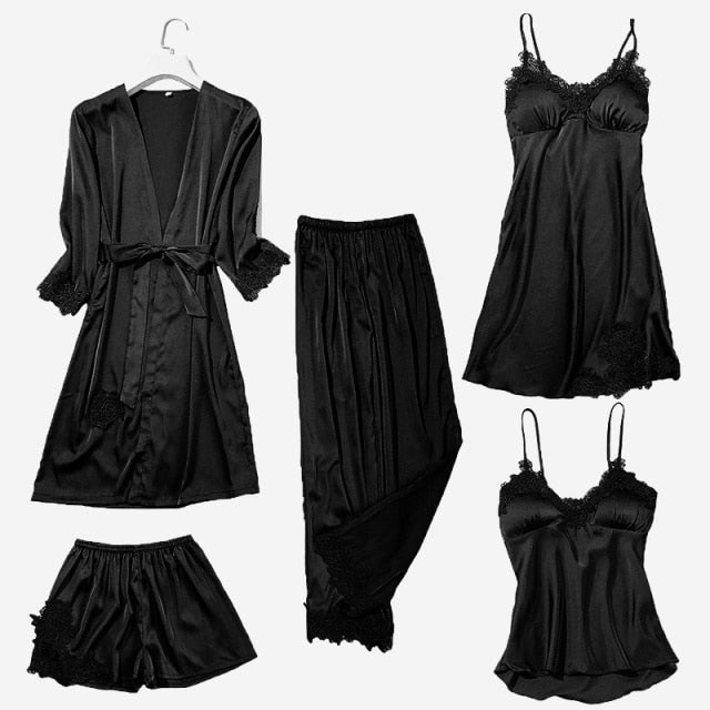 Satin Lace Pajamas Set Women 5PC Strap Top Pants Sleepwear Sleep Suit Spring Autumn Pyjamas Home Wear Nightwear Robe Gown M-XXL