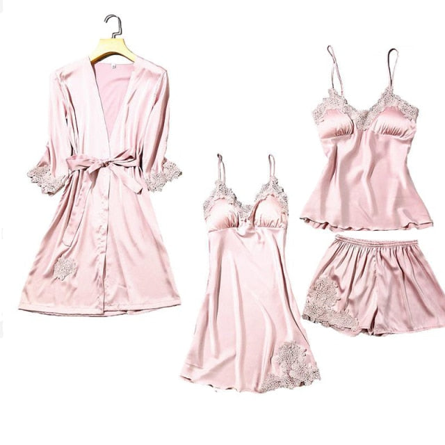 Satin Lace Pajamas Set Women 5PC Strap Top Pants Sleepwear Sleep Suit Spring Autumn Pyjamas Home Wear Nightwear Robe Gown M-XXL