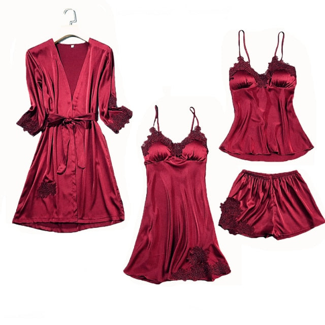Satin Lace Pajamas Set Women 5PC Strap Top Pants Sleepwear Sleep Suit Spring Autumn Pyjamas Home Wear Nightwear Robe Gown M-XXL