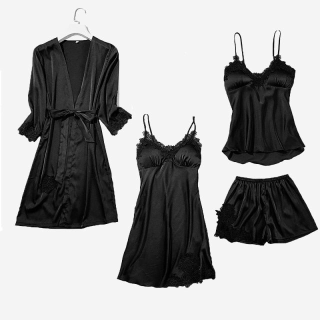 Satin Lace Pajamas Set Women 5PC Strap Top Pants Sleepwear Sleep Suit Spring Autumn Pyjamas Home Wear Nightwear Robe Gown M-XXL