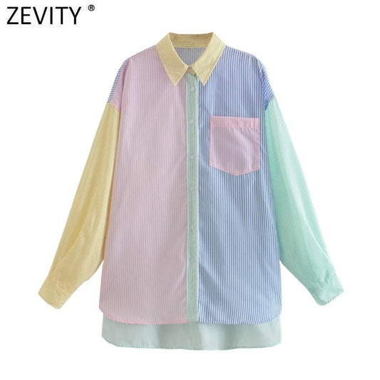 Zevity 2021 Women Fashion Contrast Color Striped Print Smock Blouse Office Ladies Breasted Casual Shirts Chic Blusas Tops LS9314