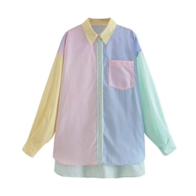 Zevity 2021 Women Fashion Contrast Color Striped Print Smock Blouse Office Ladies Breasted Casual Shirts Chic Blusas Tops LS9314
