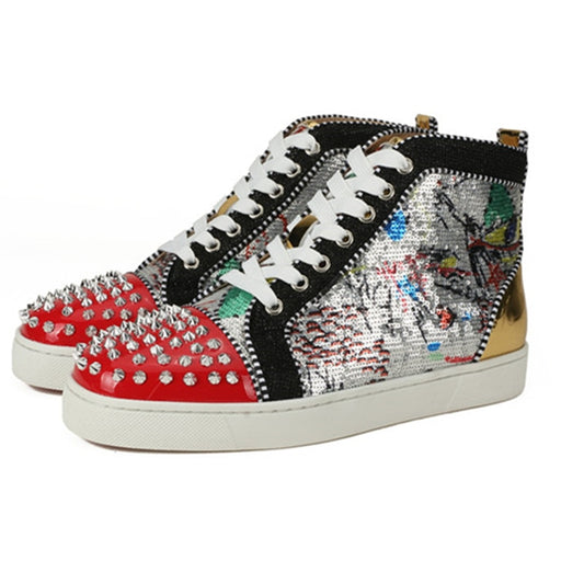 Brand Design Graffiti Rivets Men's High-Top Casual Shoes Zipper Decoration Patent Leather Round Toe Lace Up Men's Sneakers 2021