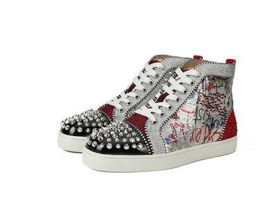 Brand Design Graffiti Rivets Men's High-Top Casual Shoes Zipper Decoration Patent Leather Round Toe Lace Up Men's Sneakers 2021