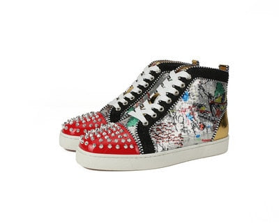 Brand Design Graffiti Rivets Men's High-Top Casual Shoes Zipper Decoration Patent Leather Round Toe Lace Up Men's Sneakers 2021