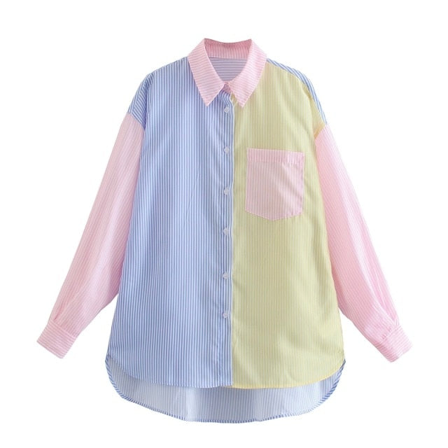 Zevity 2021 Women Fashion Contrast Color Striped Print Smock Blouse Office Ladies Breasted Casual Shirts Chic Blusas Tops LS9314