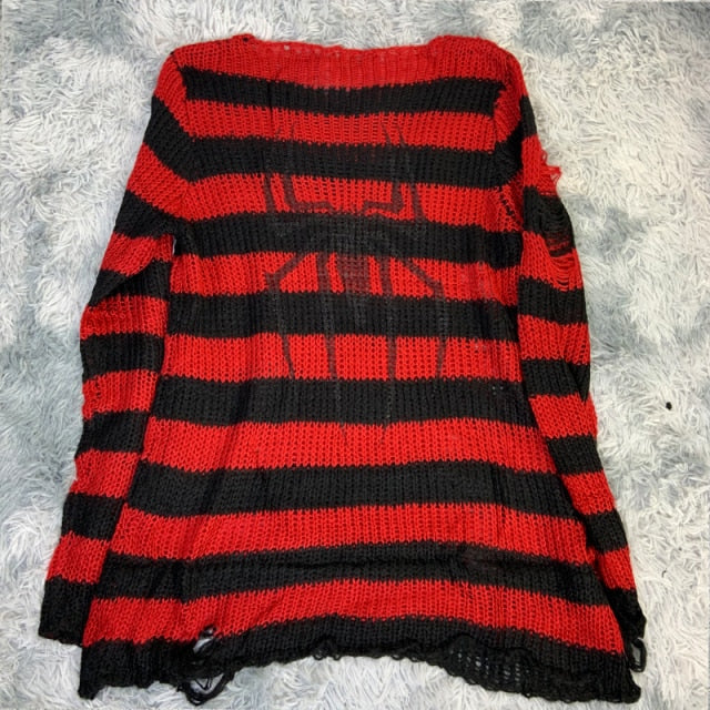 Plus Size Punk Gothic Long Unisex Sweater Dress Cool Hollow Out Hole Broken Jumper Loose Rock Thin Sweter 2020 Women Man Striped