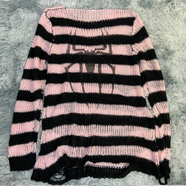 Plus Size Punk Gothic Long Unisex Sweater Dress Cool Hollow Out Hole Broken Jumper Loose Rock Thin Sweter 2020 Women Man Striped