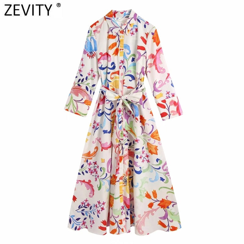 Zevity Women Vintage Totem Floral Print Bow Sashes Midi Shirt Dress Female Chic Three Quarter Sleeve Casual Slim Vestidos DS8361