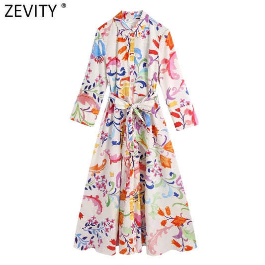 Zevity Women Vintage Totem Floral Print Bow Sashes Midi Shirt Dress Female Chic Three Quarter Sleeve Casual Slim Vestidos DS8361