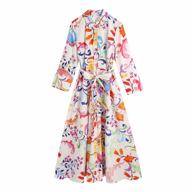 Zevity Women Vintage Totem Floral Print Bow Sashes Midi Shirt Dress Female Chic Three Quarter Sleeve Casual Slim Vestidos DS8361