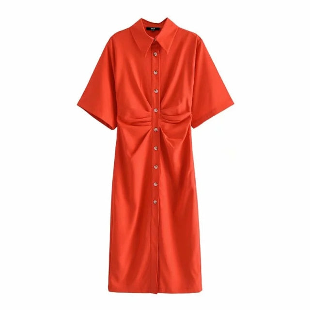 TRAF Women Chic Fashion Button-up Draped Midi Shirt Dress Vintage Short Sleeve Side Zipper Female Dresses Vestidos