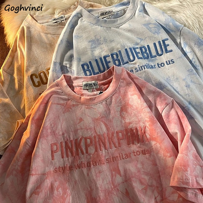 Short Sleeve T-shirts Women Letter Embroidery Tie Dye Oversize Hip Hop Loose Korean Style All-match Students Simple Chic O-neck